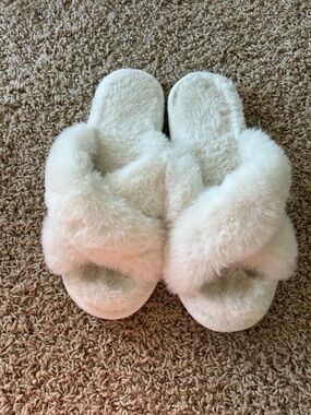 Plush Faux Fur Slide Slippers - white